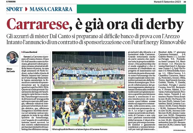 La Carrarese Calcio e FuturEnergy Rinnovabile insieme per la stagione 2023/24